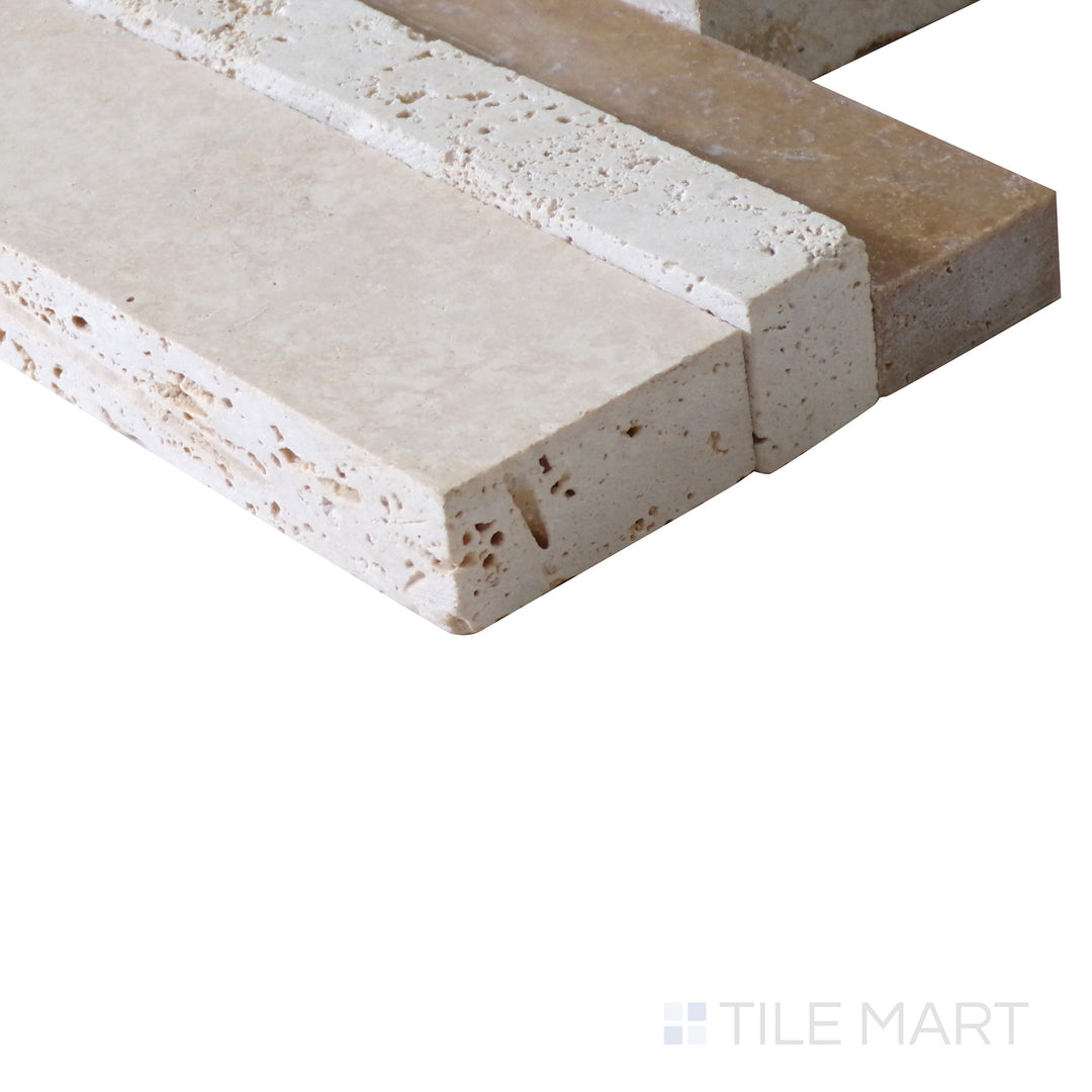 Corner shot of CASA BLEND 3D HONED 6x24 PANEL  TRAVERTINE PANEL with a HONED finish, showing the robust material and finely finished edge through a focused corner view.