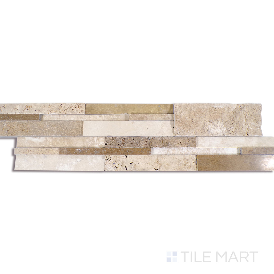 Angled shot of CASA BLEND 3D MULTI FINISH 6X24 PANEL TRAVERTINE PANEL with a MULTI FINISH finish, highlighting the intricate details and elegant finish from a unique perspective.