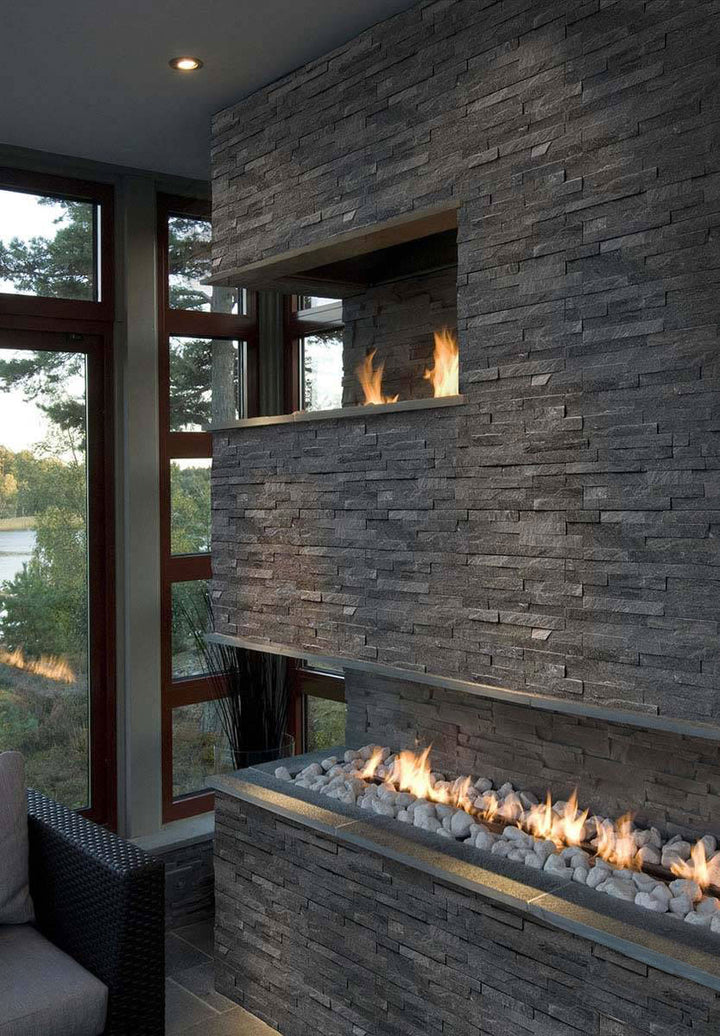 Presenting the stylish aesthetic of COAL CANYON 6x24 PANEL  QUARTZITE PANEL with a SPLITFACE finish, creating a relaxed atmosphere with its serene presence.