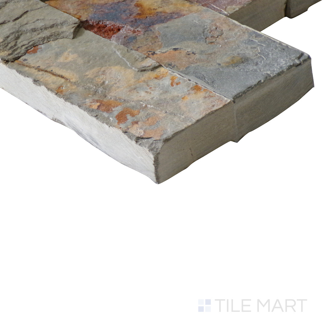 Corner shot of CALIFORNIA GOLD 6x24 PANEL  SLATE PANEL with a SPLITFACE finish, demonstrating the sturdy material and its subtle layering at the corner.