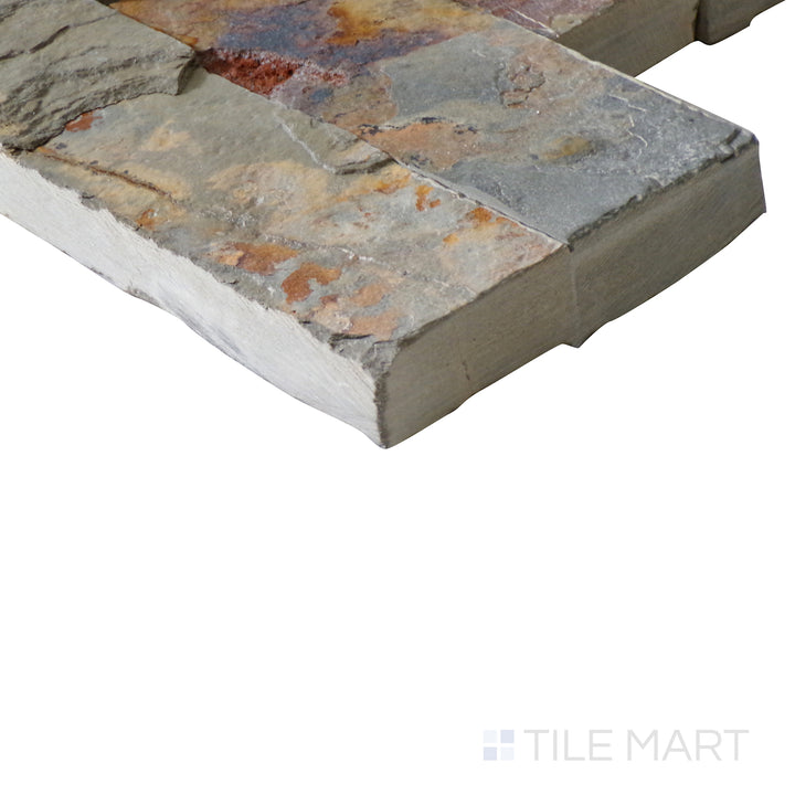 Corner shot of CALIFORNIA GOLD 6x24 PANEL  SLATE PANEL with a SPLITFACE finish, demonstrating the sturdy material and its subtle layering at the corner.