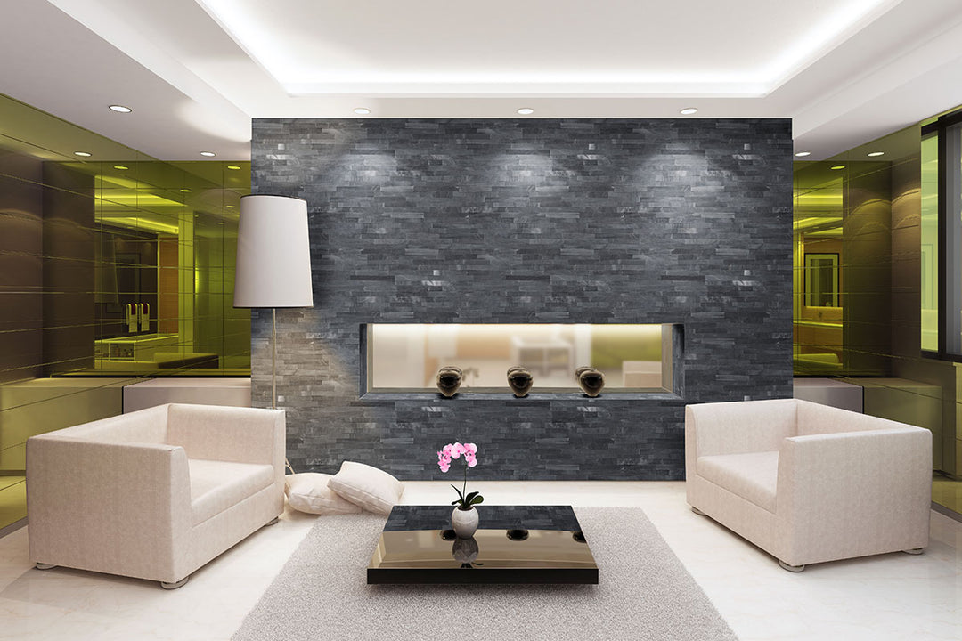 A modern and bold statement with Rockmount Cosmic Black 6X24 Stacked Stone Panel Honed Marble, featuring deep black tones with soft natural veining.