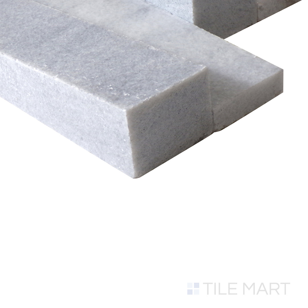 Corner shot of COSMIC GRAY 3D WAVE 6X24 PANEL MARBLE PANEL with a HONED finish, emphasizing the layered construction and the product's distinct edge design.