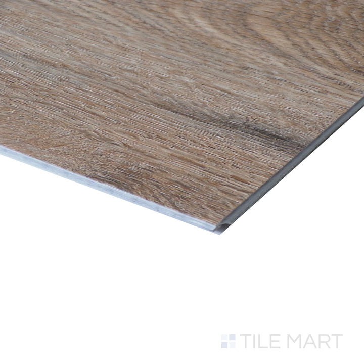 Corner shot of CYRUS BARRELL 7x48 VINYL TILE with a LOW GLOSS finish, highlighting the precision of the product's edge and the substantial thickness.