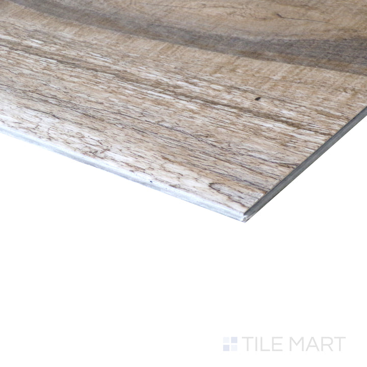 Corner shot of CYRUS EXOTIKA 7x48 VINYL TILE with a LOW GLOSS finish, capturing the thickness and material depth from an angled corner perspective.