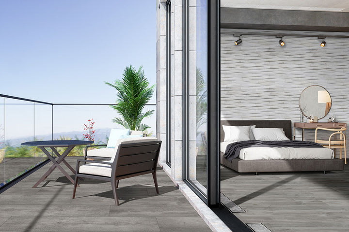 A rich ash wood-inspired surface with a muted matte finish enhances the space with understated sophistication.