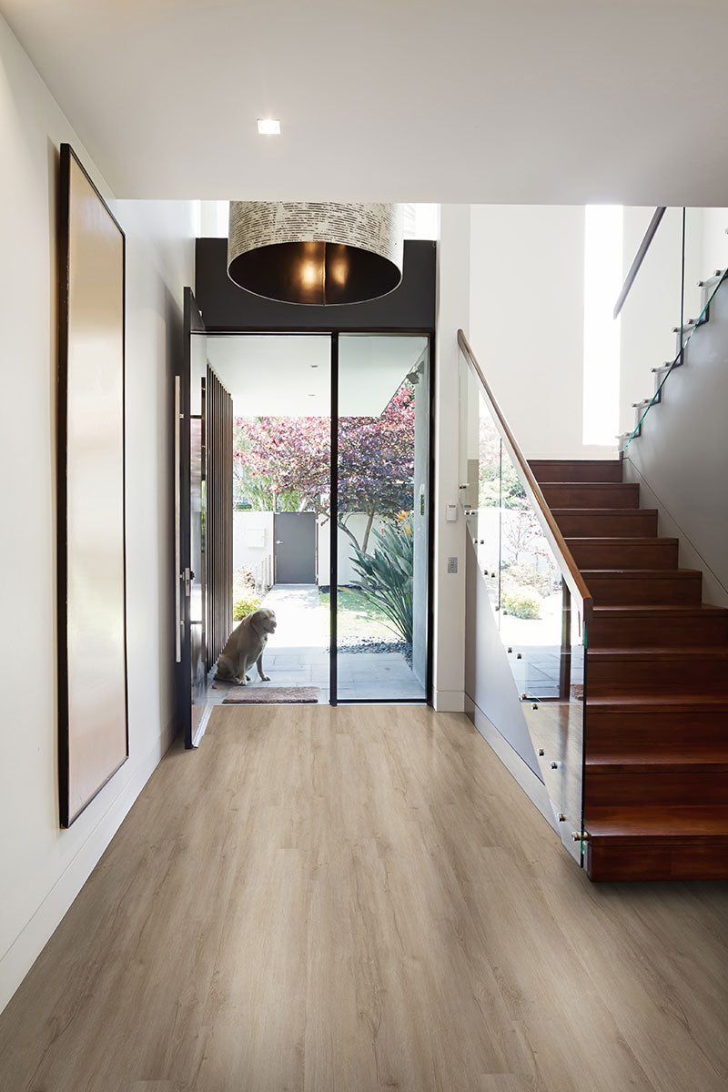 Inviting space with Cyrus Sandino 7x48 low gloss luxury plank vinyl, creating a timeless and cozy atmosphere.