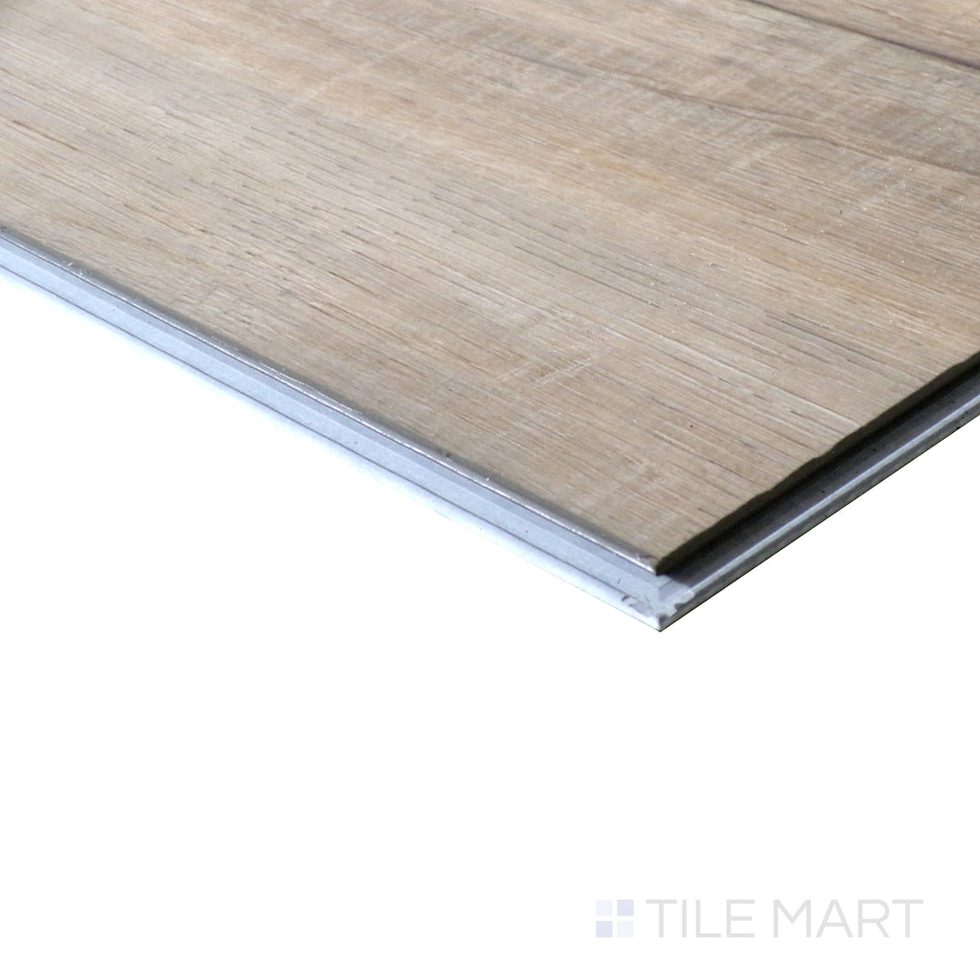 Corner shot of CYRUS WHITFIELD GRAY 7x48 VINYL TILE with a LOW GLOSS finish, demonstrating the sturdy material and its subtle layering at the corner.