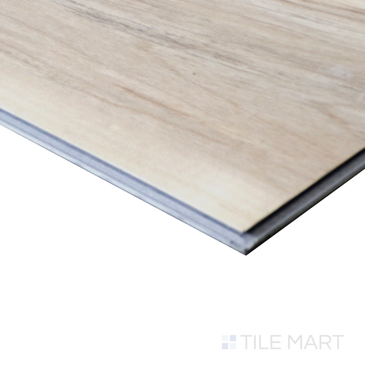 Corner shot of XL CYRUS AKADIA  9x60 VINYL TILE with a LOW GLOSS finish, capturing the thickness and material depth from an angled corner perspective.