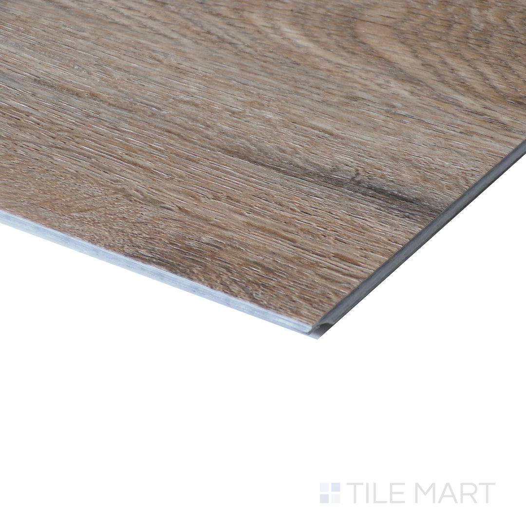 Corner shot of XL CYRUS BARREL 9x60 VINYL TILE with a LOW GLOSS finish, emphasizing the layered construction and the product's distinct edge design.