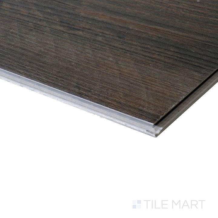 Corner shot of XL CYRUS HAWTHORNE  9x60 VINYL TILE with a LOW GLOSS finish, showing the robust material and finely finished edge through a focused corner view.