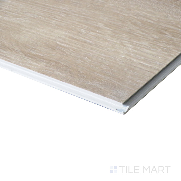 Corner shot of XL CYRUS SANDINO 9x60 VINYL TILE with a LOW GLOSS finish, emphasizing the layered construction and the product's distinct edge design.
