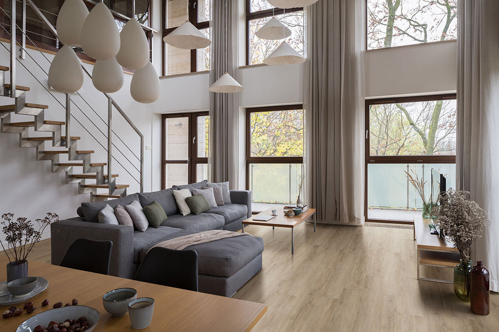 Presenting the stylish aesthetic of XL CYRUS SANDINO 9x60 VINYL TILE with a LOW GLOSS finish, enhancing the minimalist design with its sleek appearance.