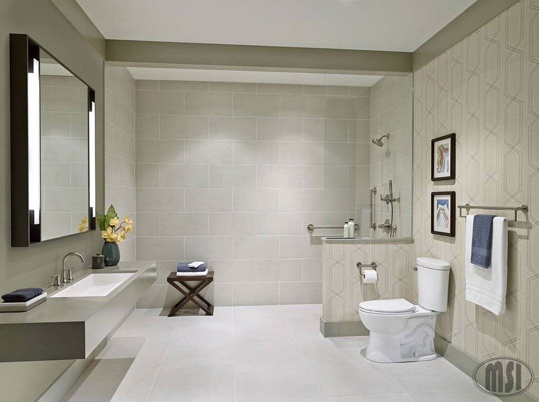 Bringing focus to the sophisticated look of DIMENSIONS GLACIER 12X24 PORCELAIN TILE with a MATTE finish, enhancing the minimalist design with its sleek appearance.