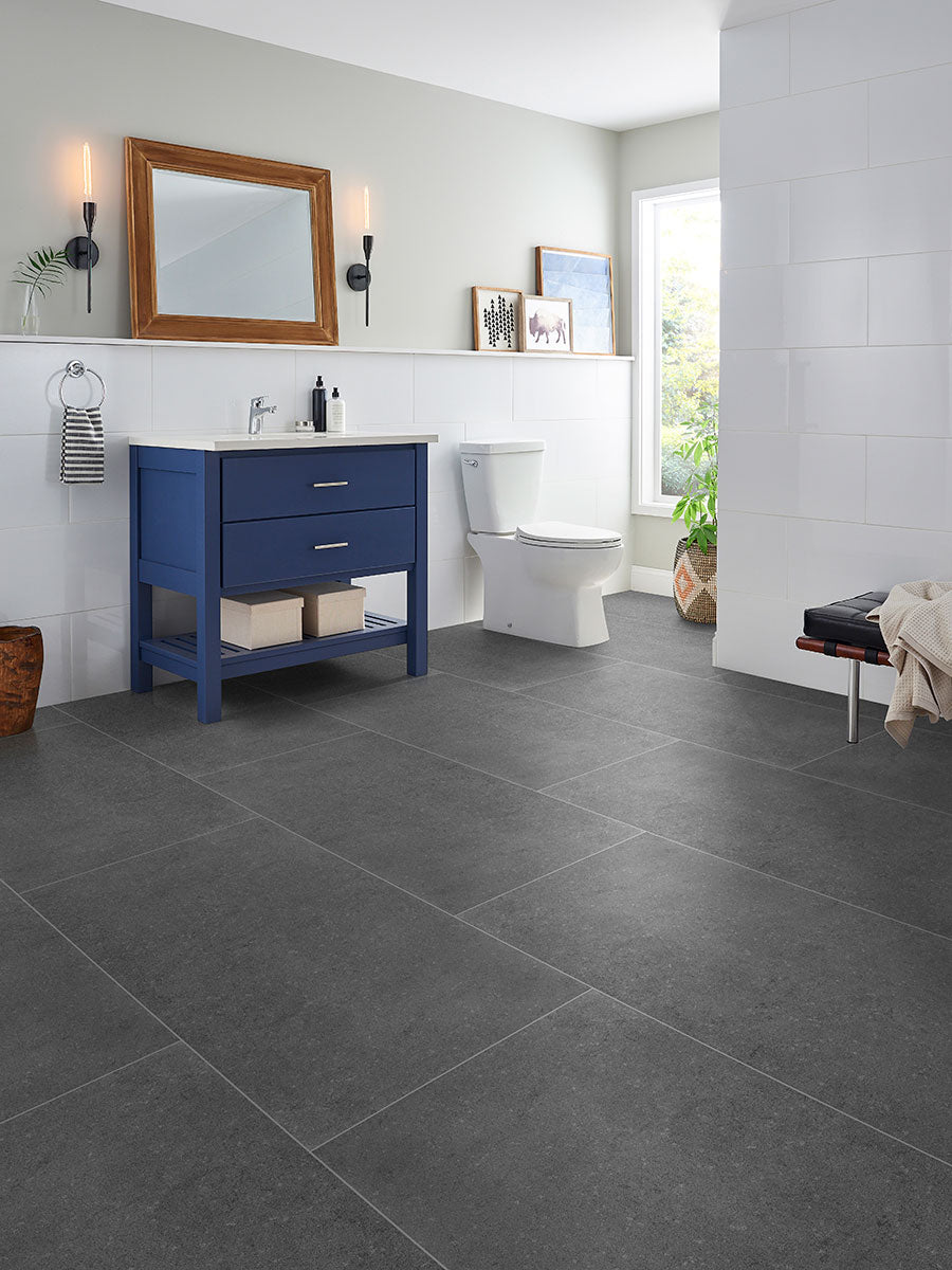 Displaying the refined texture of DIMENSIONS GRIS 24X48 PORCELAIN TILE with a MATTE finish, blending effortlessly with the surrounding modern elements.