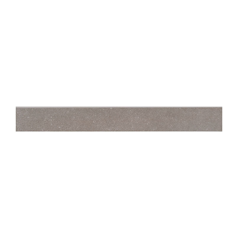Top-down view of DIMENSIONS GRIS 3X24 BULLNOSE PORCELAIN TRIM in MATTE finish, highlighting the texture and detailed color patterns.
