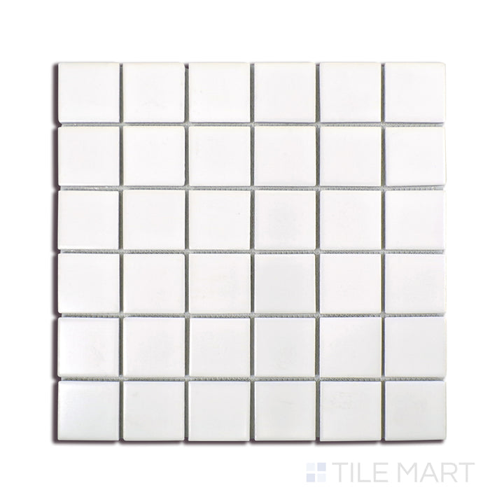 Angled shot of WHITE 2X2 MATTE PORCELAIN MOSAIC with a MATTE finish, providing a sharp, angled view to emphasize the product's texture and quality.