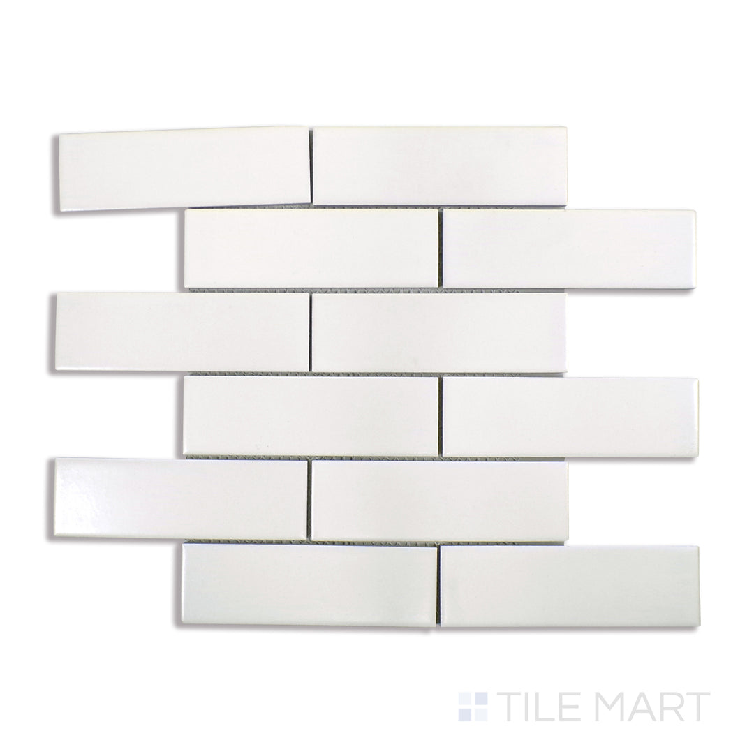 Angled shot of WHITE MATTE 2X4X6MM PORCELAIN MOSAIC with a MATTE finish, providing a sharp, angled view to emphasize the product's texture and quality.