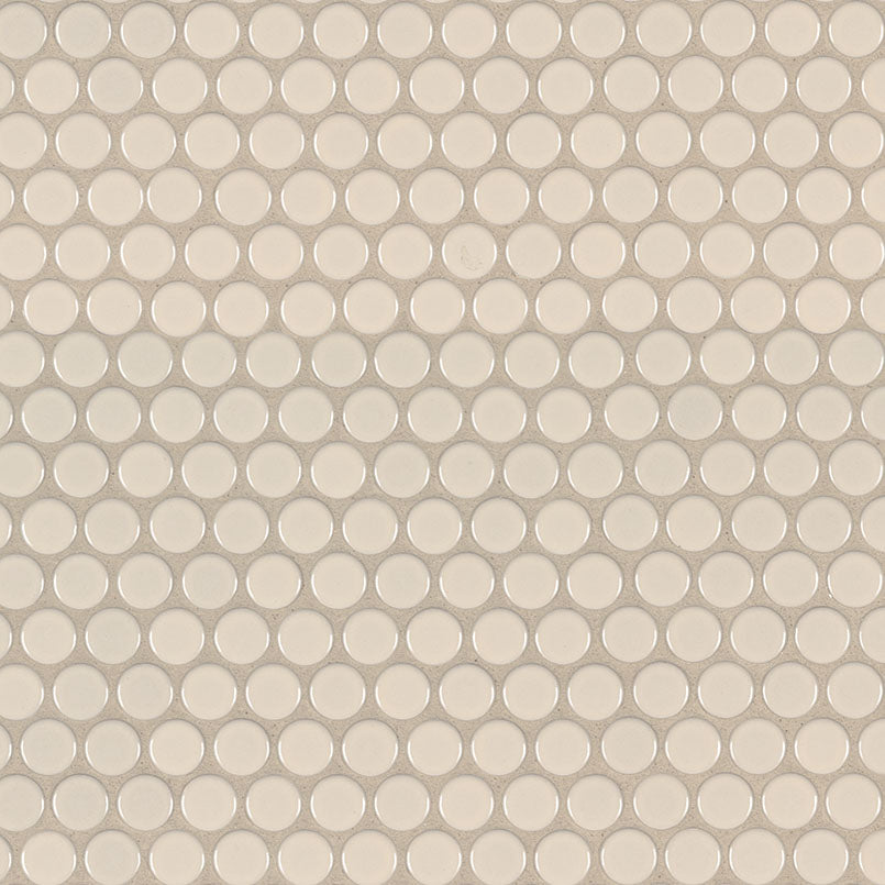Top-down view of ALMOND GLOSSY PENNY ROUND MOSAIC in PORCELAIN MOSAIC with a GLOSSY finish, featuring the ALMOND shades and surface characteristics.