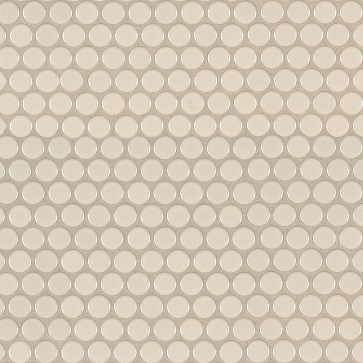 Top-down view of ALMOND GLOSSY PENNY ROUND MOSAIC in PORCELAIN MOSAIC with a GLOSSY finish, featuring the ALMOND shades and surface characteristics.