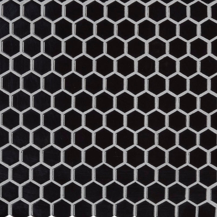 Top-down view of BLACK GLOSSY 1" HEX 6MM in PORCELAIN MOSAIC with a GLOSSY finish, displaying the unique finish and depth of BLACK color.
