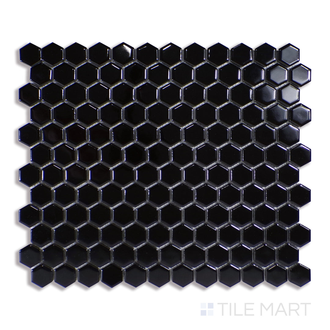 Domino 1" Hexagon Porcelain Mosaic 12X12 Black Glossy