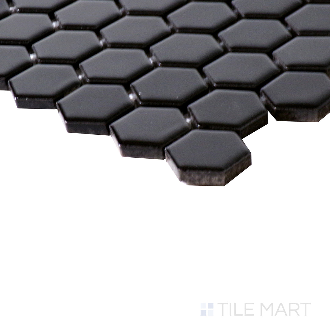 Domino 1" Hexagon Porcelain Mosaic 12X12 Black Glossy