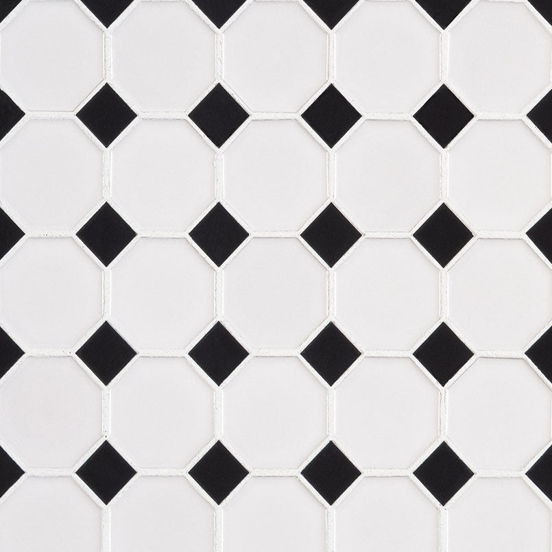 Top-down view of WHITE AND BLACK GLOSSY OCTAGON 6MM in PORCELAIN MOSAIC with a GLOSSY finish, showcasing the BLACK & WHITE tones and intricate surface pattern.