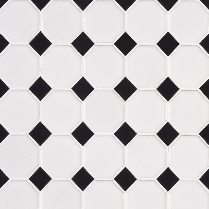 Top-down view of WHITE AND BLACK GLOSSY OCTAGON 6MM in PORCELAIN MOSAIC with a GLOSSY finish, showcasing the BLACK & WHITE tones and intricate surface pattern.