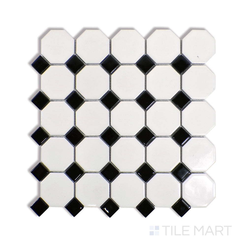 Angled shot of WHITE AND BLACK GLOSSY OCTAGON 6MM PORCELAIN MOSAIC with a GLOSSY finish, revealing the depth of the product with a skewed visual perspective.