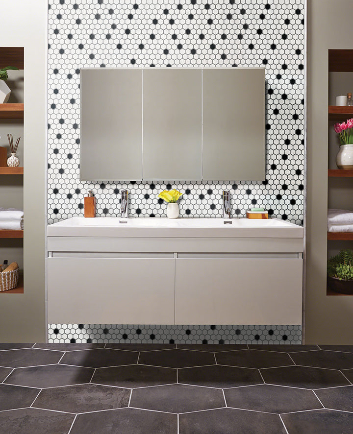Highlighting the elegance of BLACK AND WHITE 1" HEXAGON MATTE PORCELAIN MOSAIC with a MATTE finish, creating a relaxed atmosphere with its serene presence.