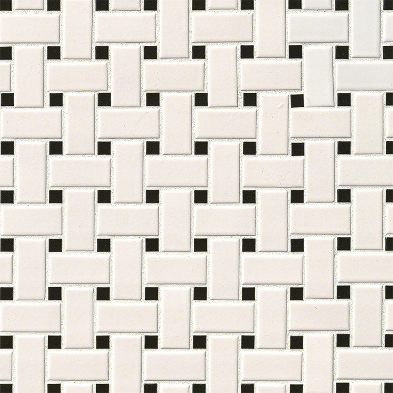 Top-down view of WHITE AND BLACK MATTE BASKETWEAVE 6MM in PORCELAIN MOSAIC with a MATTE finish, displaying the unique finish and depth of BLACK & WHITE color.