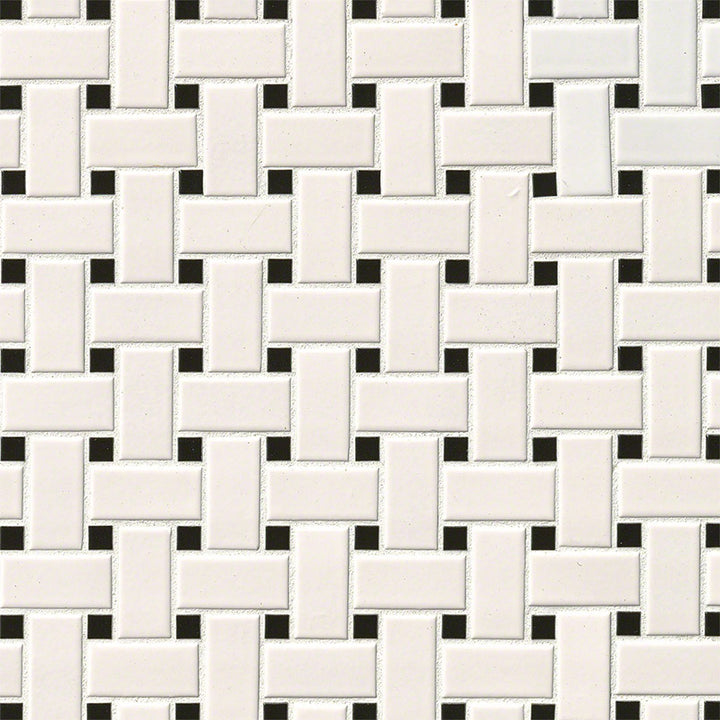 Top-down view of WHITE AND BLACK MATTE BASKETWEAVE 6MM in PORCELAIN MOSAIC with a MATTE finish, displaying the unique finish and depth of BLACK & WHITE color.