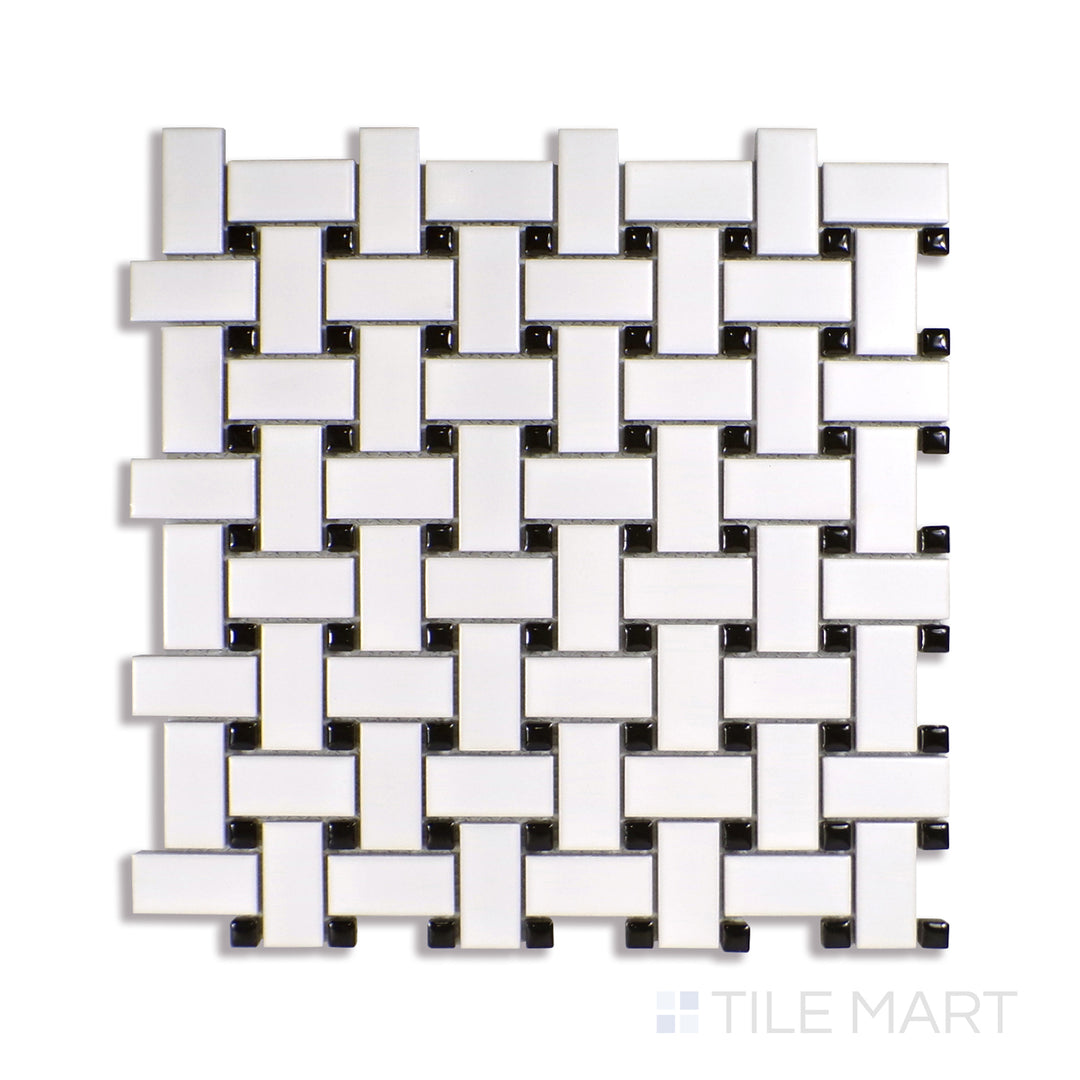 Angled shot of WHITE AND BLACK MATTE BASKETWEAVE 6MM PORCELAIN MOSAIC with a MATTE finish, providing a sharp, angled view to emphasize the product's texture and quality.
