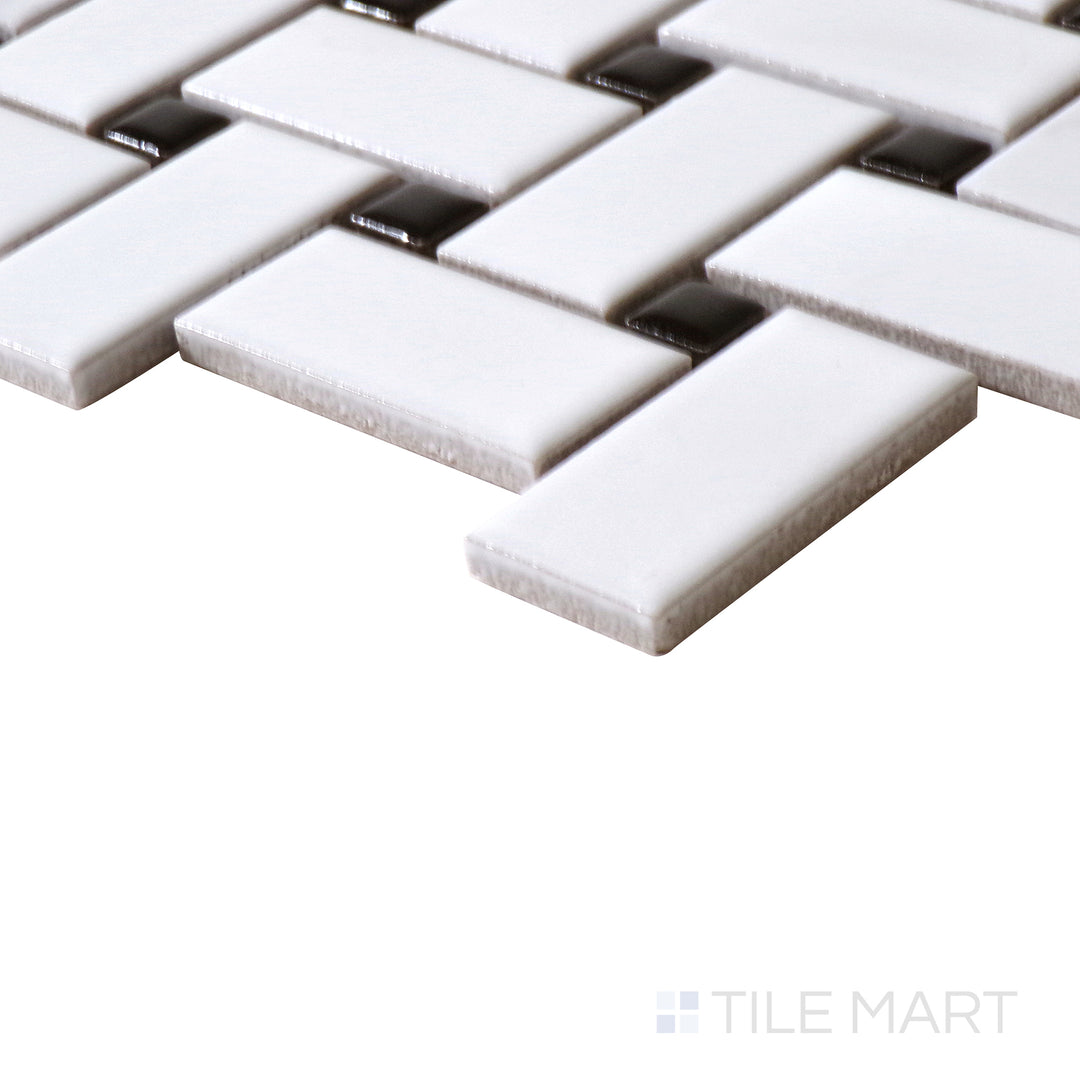 Corner shot of WHITE AND BLACK MATTE BASKETWEAVE 6MM PORCELAIN MOSAIC with a MATTE finish, revealing the intricate edge detailing and thickness from a corner viewpoint.
