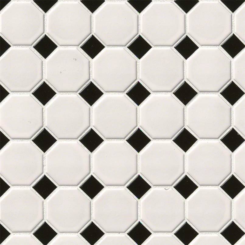 Top-down view of WHITE AND BLACK MATTE OCTAGON MOSAIC in PORCELAIN MOSAIC with a MATTE finish, featuring the BLACK & WHITE shades and surface characteristics.