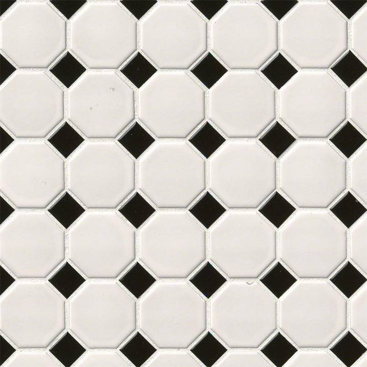 Top-down view of WHITE AND BLACK MATTE OCTAGON MOSAIC in PORCELAIN MOSAIC with a MATTE finish, featuring the BLACK & WHITE shades and surface characteristics.