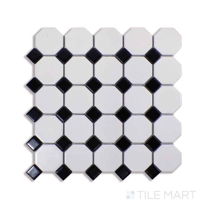 Angled shot of WHITE AND BLACK MATTE OCTAGON MOSAIC PORCELAIN MOSAIC with a MATTE finish, revealing the depth of the product with a skewed visual perspective.