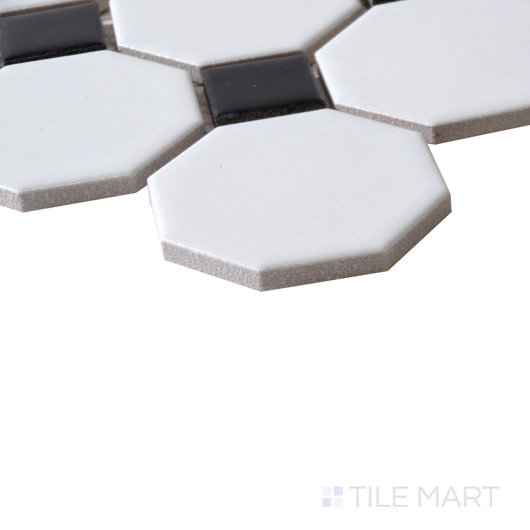 Corner shot of WHITE AND BLACK MATTE OCTAGON MOSAIC PORCELAIN MOSAIC with a MATTE finish, capturing the thickness and material depth from an angled corner perspective.