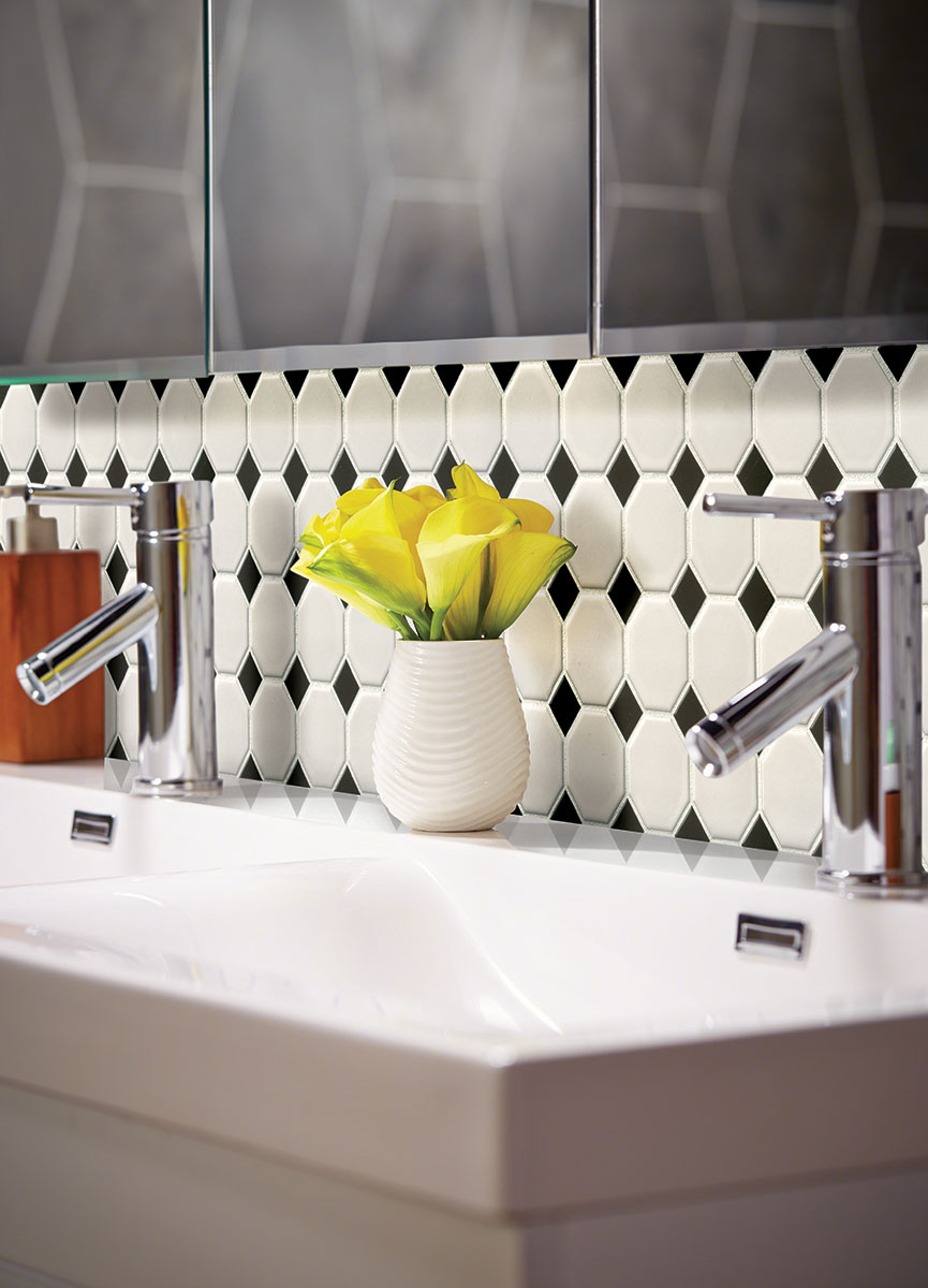 Bringing focus to the sophisticated look of WHITE AND BLACK MATTE OCTAGON MOSAIC PORCELAIN MOSAIC with a MATTE finish, complementing the contemporary décor with modern flair.