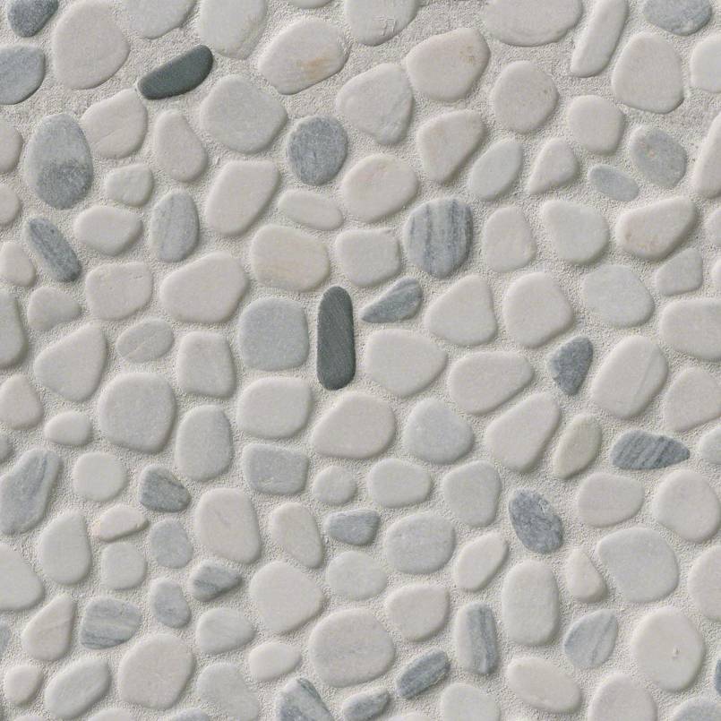 Top-down view of BLACK AND WHITE PEBBLES MESH BACKED in PORCELAIN MOSAIC with a TUMBLED finish, displaying the unique finish and depth of BLACK & WHITE color.