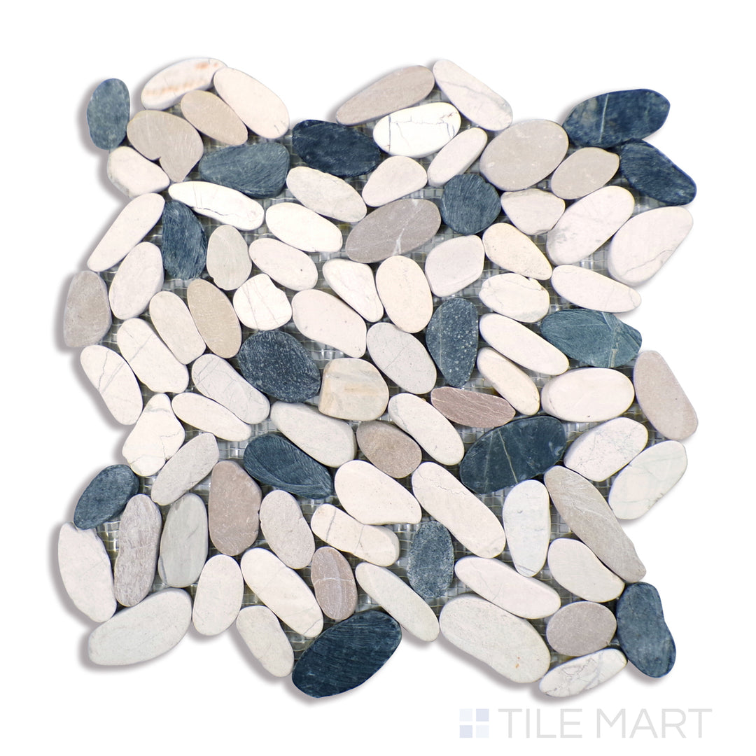 Angled shot of BLACK AND WHITE PEBBLES MESH BACKED PORCELAIN MOSAIC with a TUMBLED finish, demonstrating the material's surface and texture with a diagonal shot.