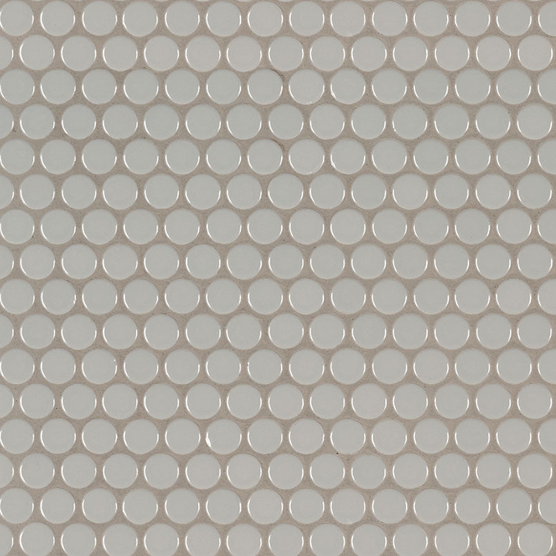 Top-down view of GRAY GLOSSY PENNY ROUND in PORCELAIN MOSAIC with a GLOSSY finish, revealing the subtle texture and color tones.