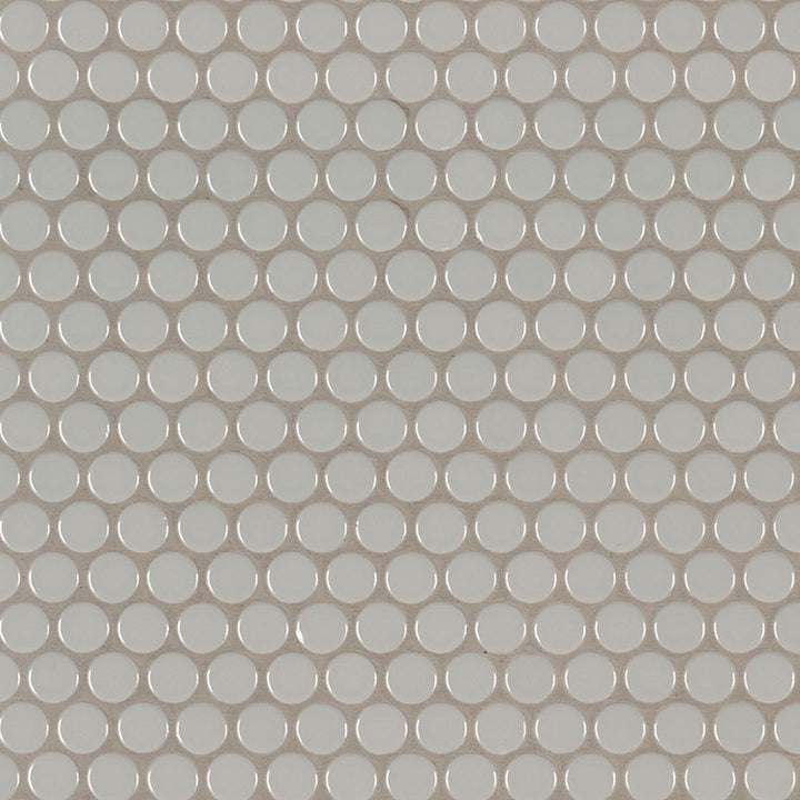 Top-down view of GRAY GLOSSY PENNY ROUND in PORCELAIN MOSAIC with a GLOSSY finish, revealing the subtle texture and color tones.