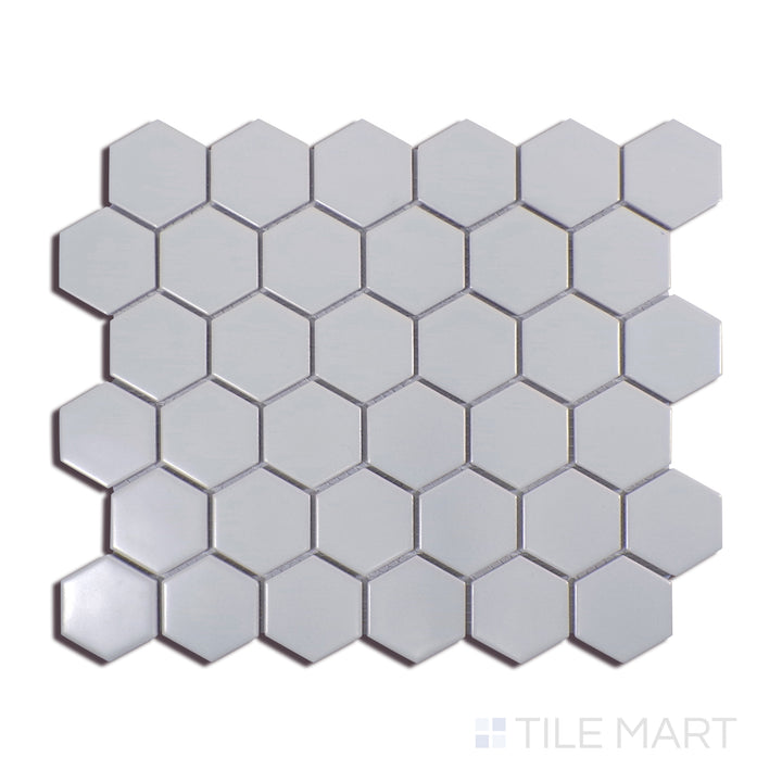 Angled shot of GRAY MATTE 2" HEX 6MM PORCELAIN MOSAIC with a MATTE finish, showing the sleek surface and dimensionality from a slanted view.