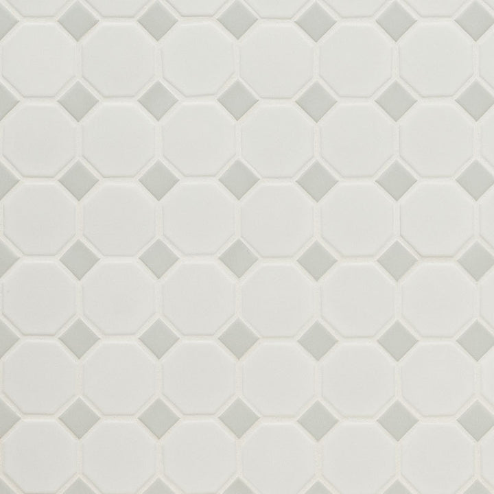 Top-down view of WHITE AND GRAY MATTE 2" OCTAGON in PORCELAIN MOSAIC with a MATTE finish, featuring the GRAY & WHITE shades and surface characteristics.