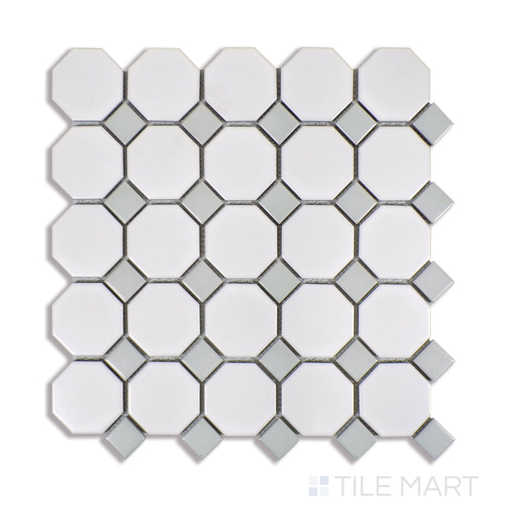 Angled shot of WHITE AND GRAY MATTE 2" OCTAGON PORCELAIN MOSAIC with a MATTE finish, displaying the fine craftsmanship and layered design from a different angle.