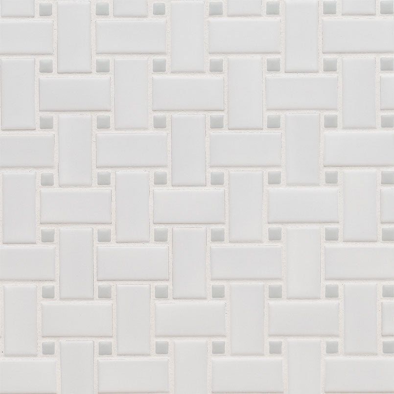 Top-down view of WHITE AND GRAY MATTE BASKETWEAVE in PORCELAIN MOSAIC with a MATTE finish, featuring the GRAY & WHITE shades and surface characteristics.