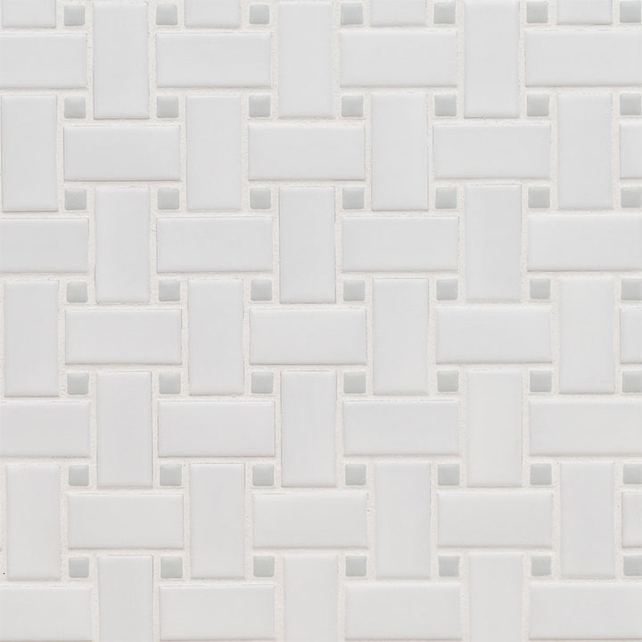 Top-down view of WHITE AND GRAY MATTE BASKETWEAVE in PORCELAIN MOSAIC with a MATTE finish, featuring the GRAY & WHITE shades and surface characteristics.