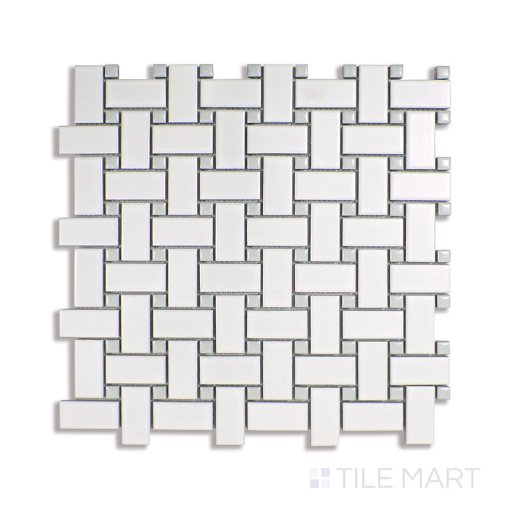 Angled shot of WHITE AND GRAY MATTE BASKETWEAVE PORCELAIN MOSAIC with a MATTE finish, providing a sharp, angled view to emphasize the product's texture and quality.